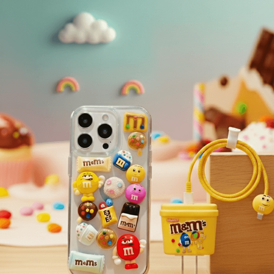 M&M 3D Cute Iphone Cover & Charger Case Combo of 2